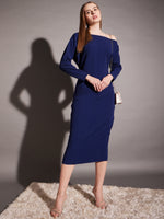 Drop shoulder fitted midi dress in Blue Color