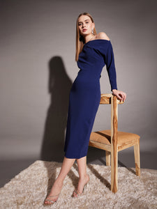 Drop shoulder fitted midi dress in Blue Color