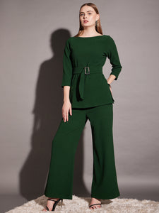 Boat Neck Coord Set with belt in Green Color