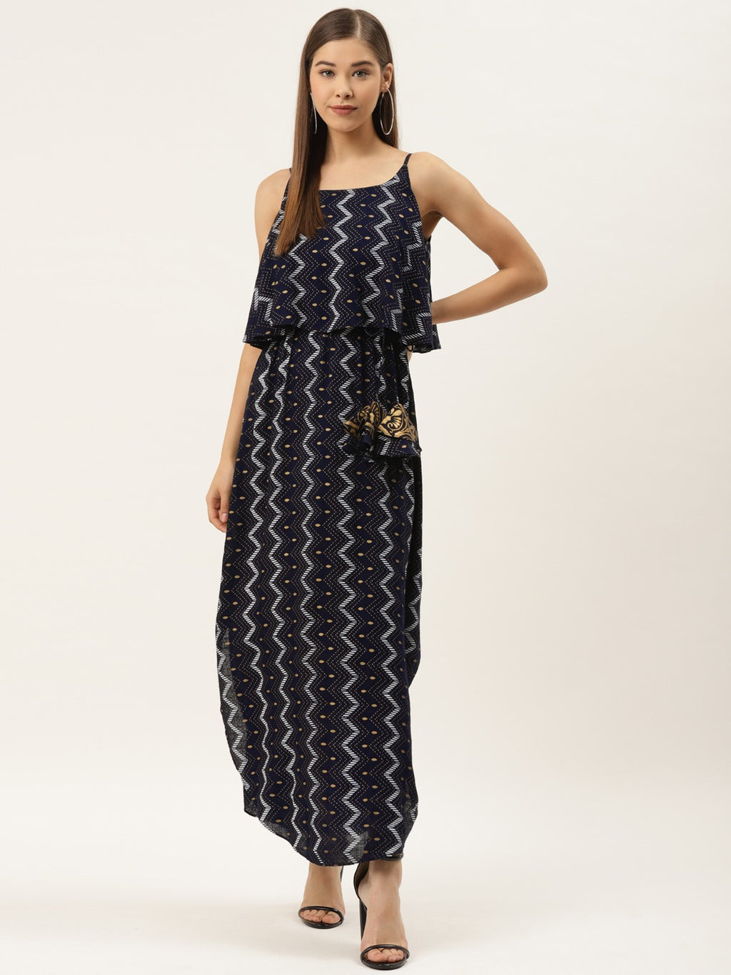 Printed Flare yoke with U hem long dress in navy