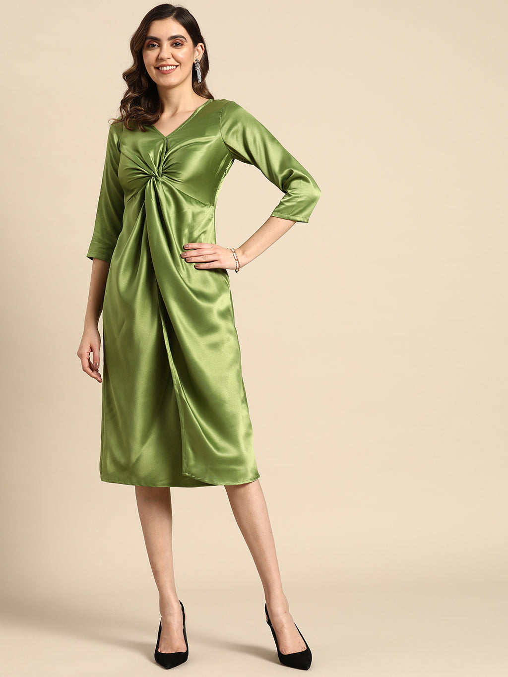 Shirt Dress with front Drape in Green