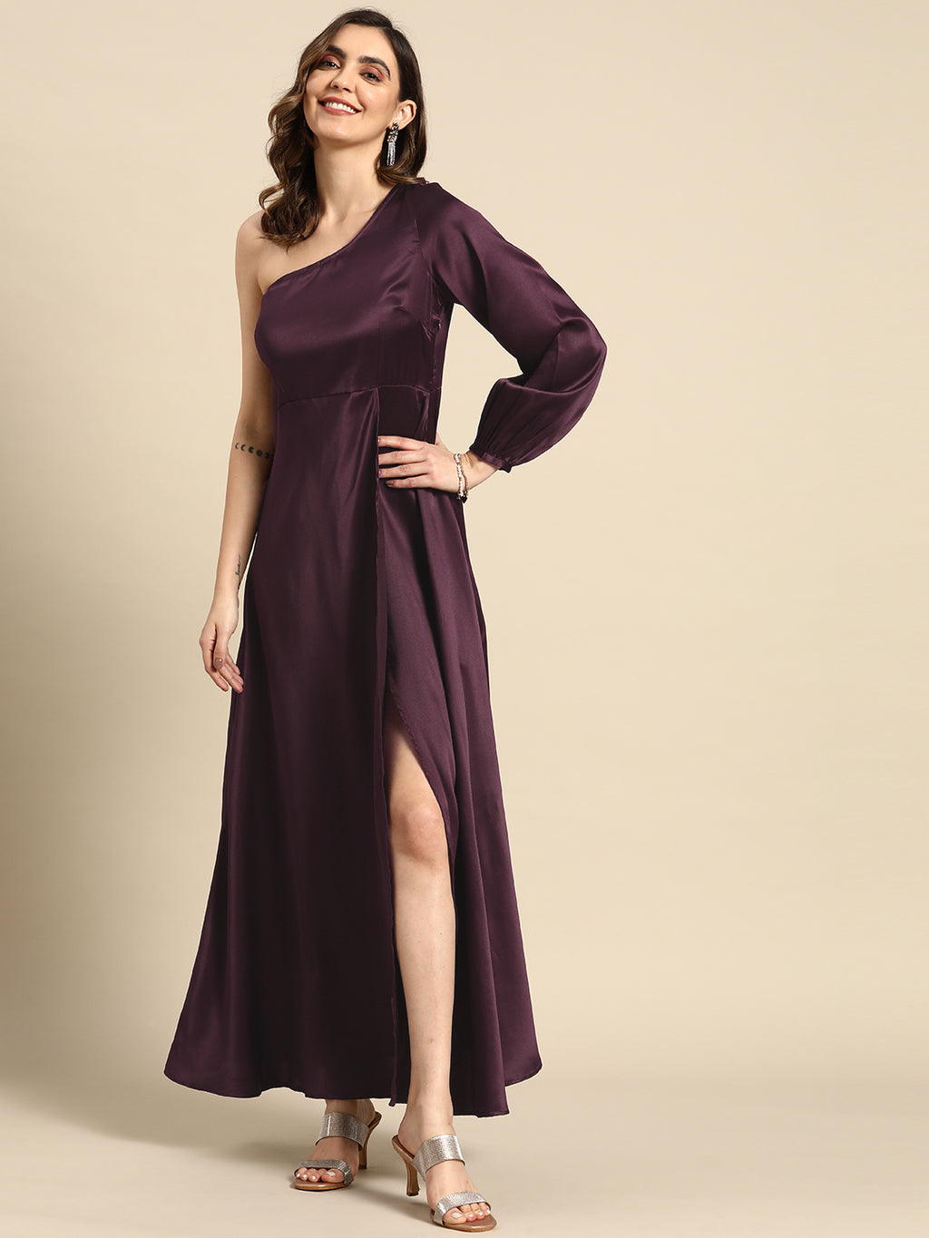 One shoulder Over lap Maxi Dress in Purple