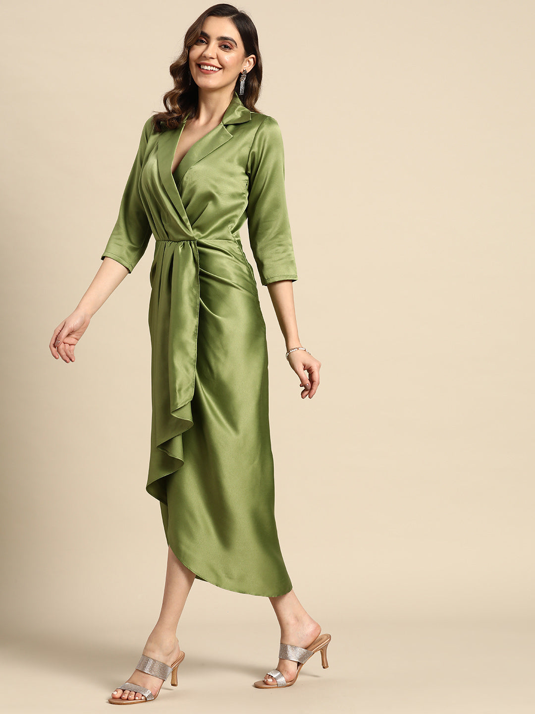 Shirt Dress with front Drape in Green