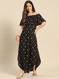 Off shoulder Flare yoke and U hem maxi dress in Black