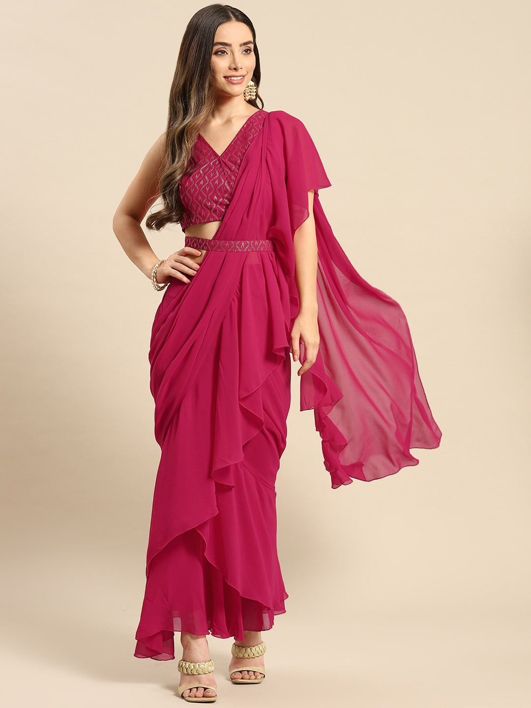 Blouse with prestiched frill gown in Magenta