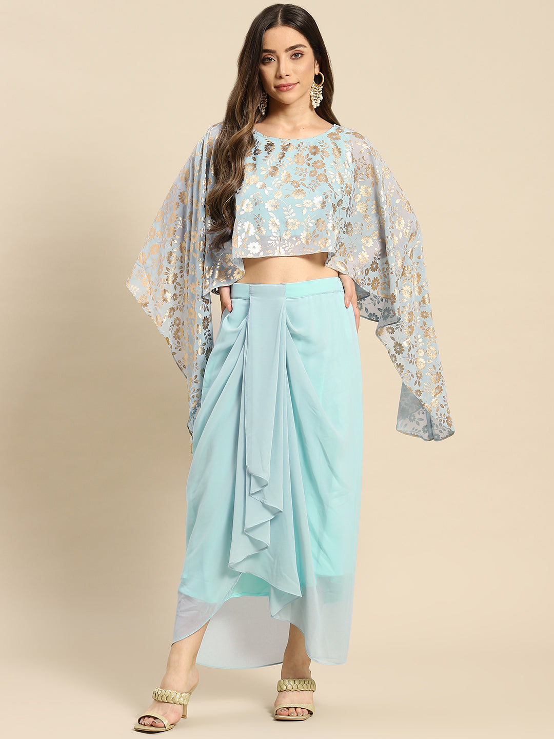 Cape top with draped skirt in Powder Blue