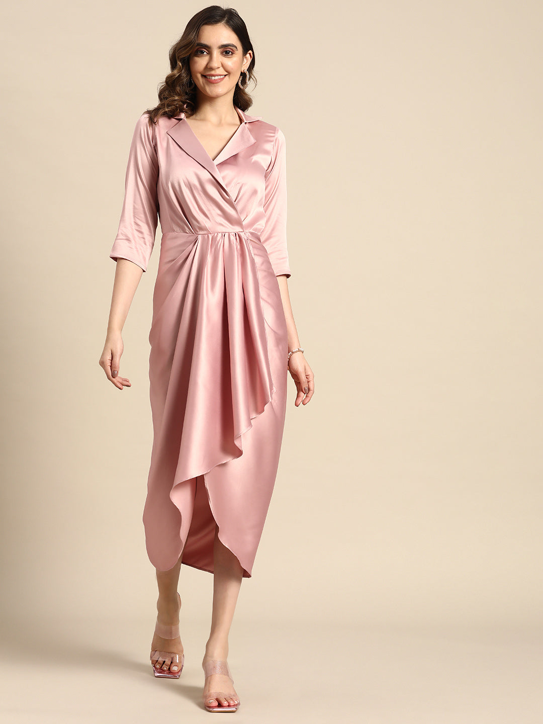 Shirt Dress with front Drape in Powder Pink