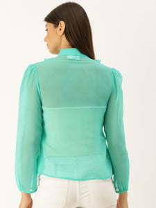 Frill neck Blouse in Mint Blue
