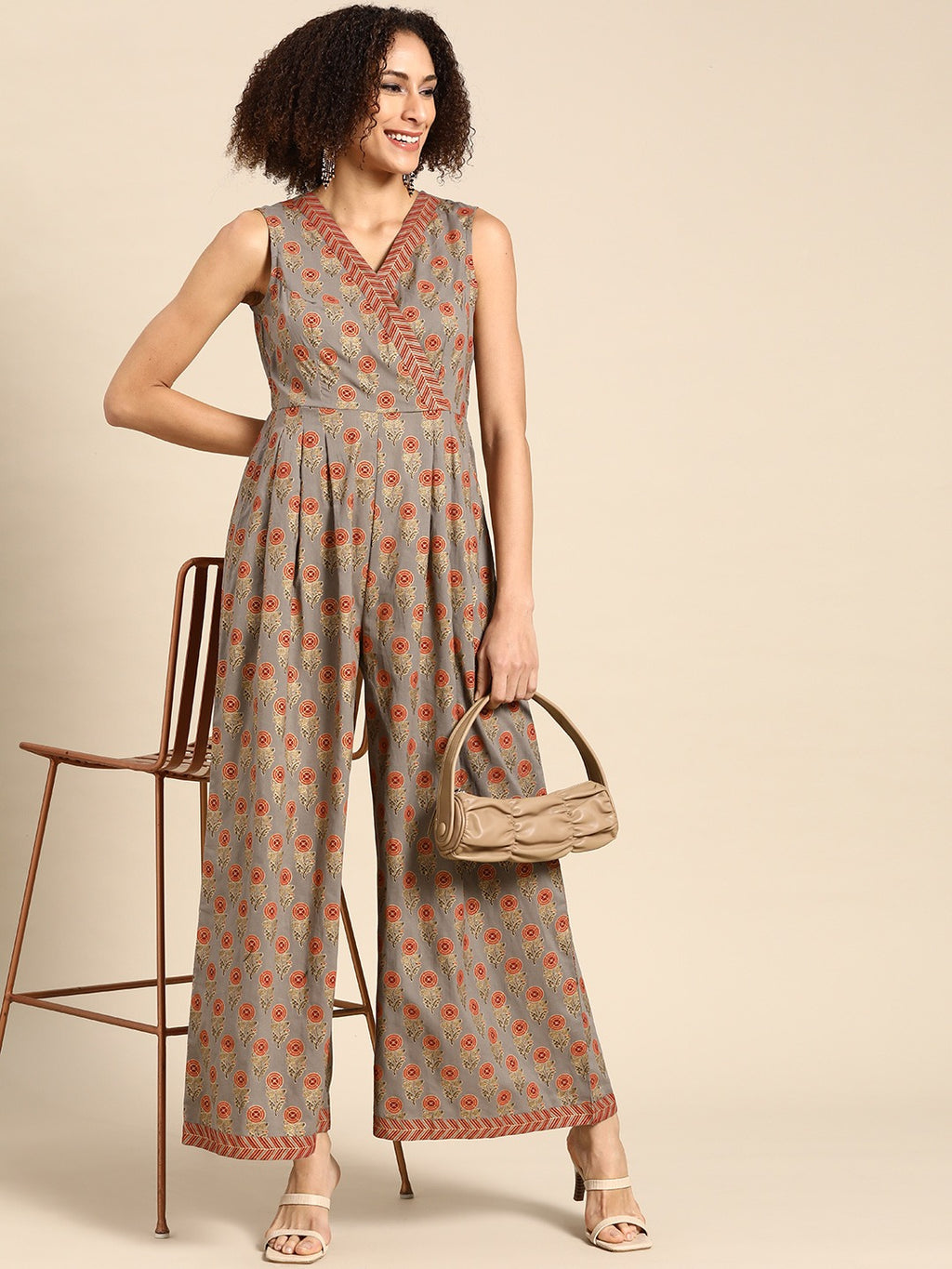 Overlap neck pleated jumpsuit in Grey Print