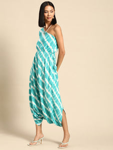 One Shoulder Dhoti Jumpsuit in Aqua Blue