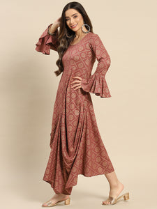 Bell Sleeve Long dress with front drape in Rose color