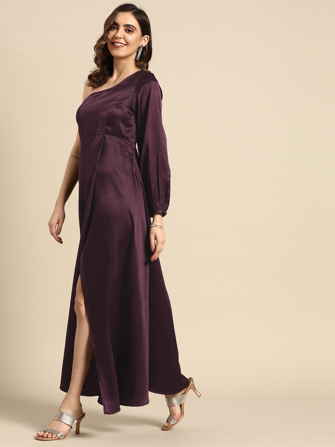 One shoulder Over lap Maxi Dress in Purple