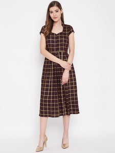 Midi Flare Dress with front loops in Brown