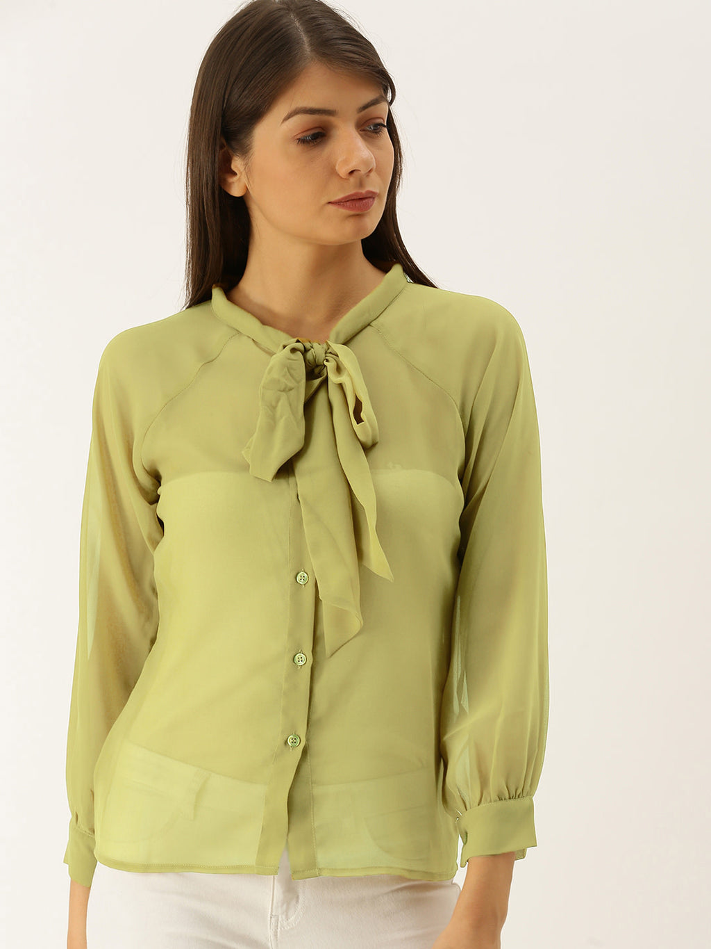 Tie up collar shirt blouse in Olive Green