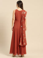 Long flare dress with dupatta drape in Rust