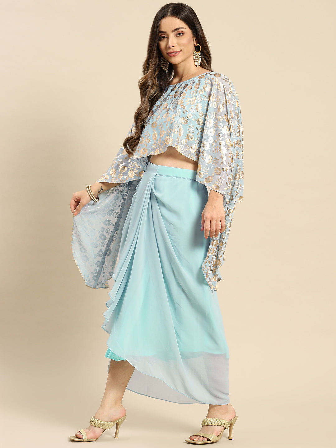 Cape top with draped skirt in Powder Blue