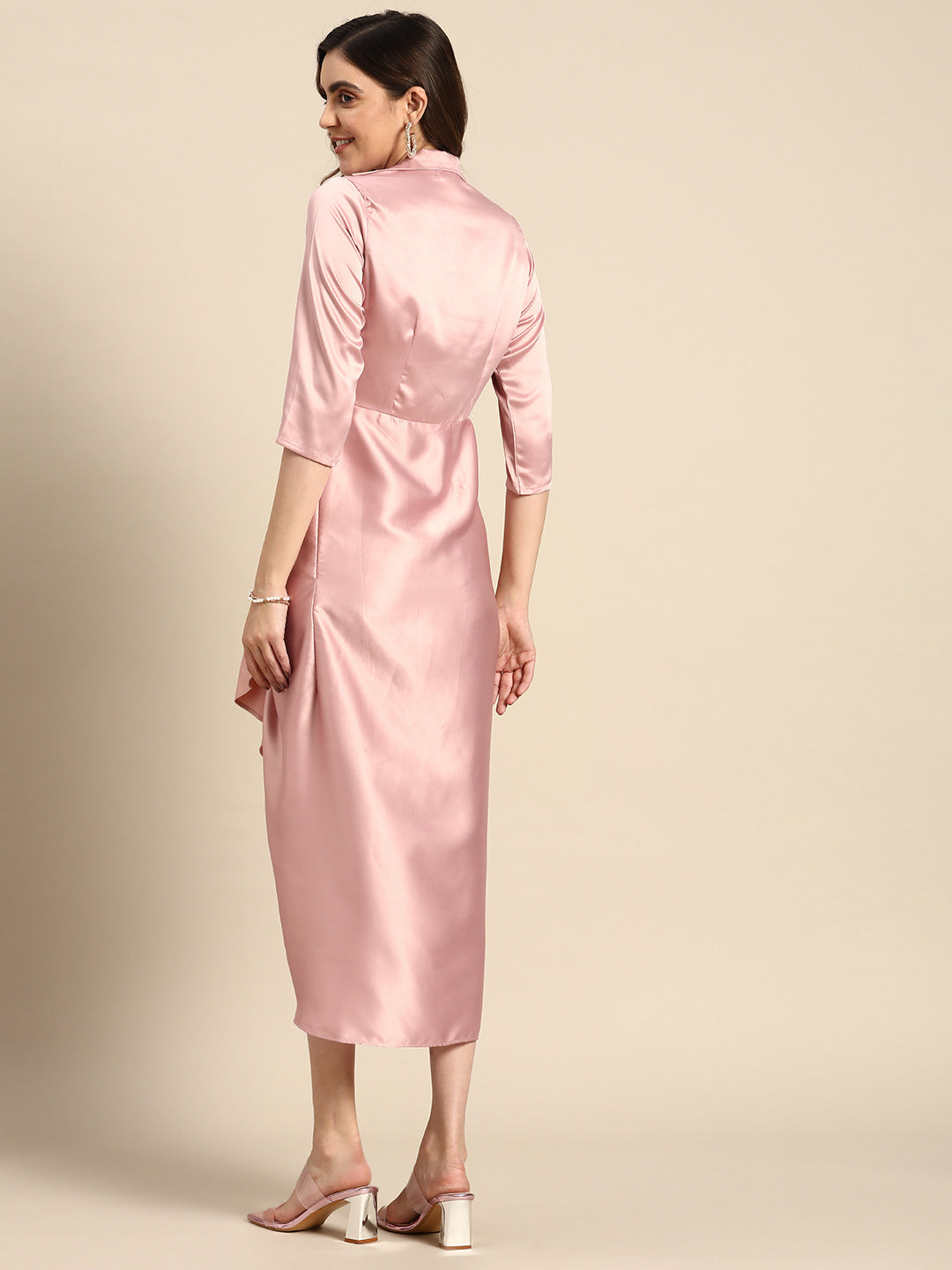 Shirt Dress with front Drape in Powder Pink