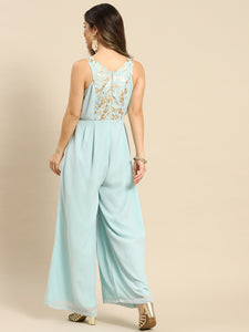 In cut pleated jumpsuit in Powder Blue