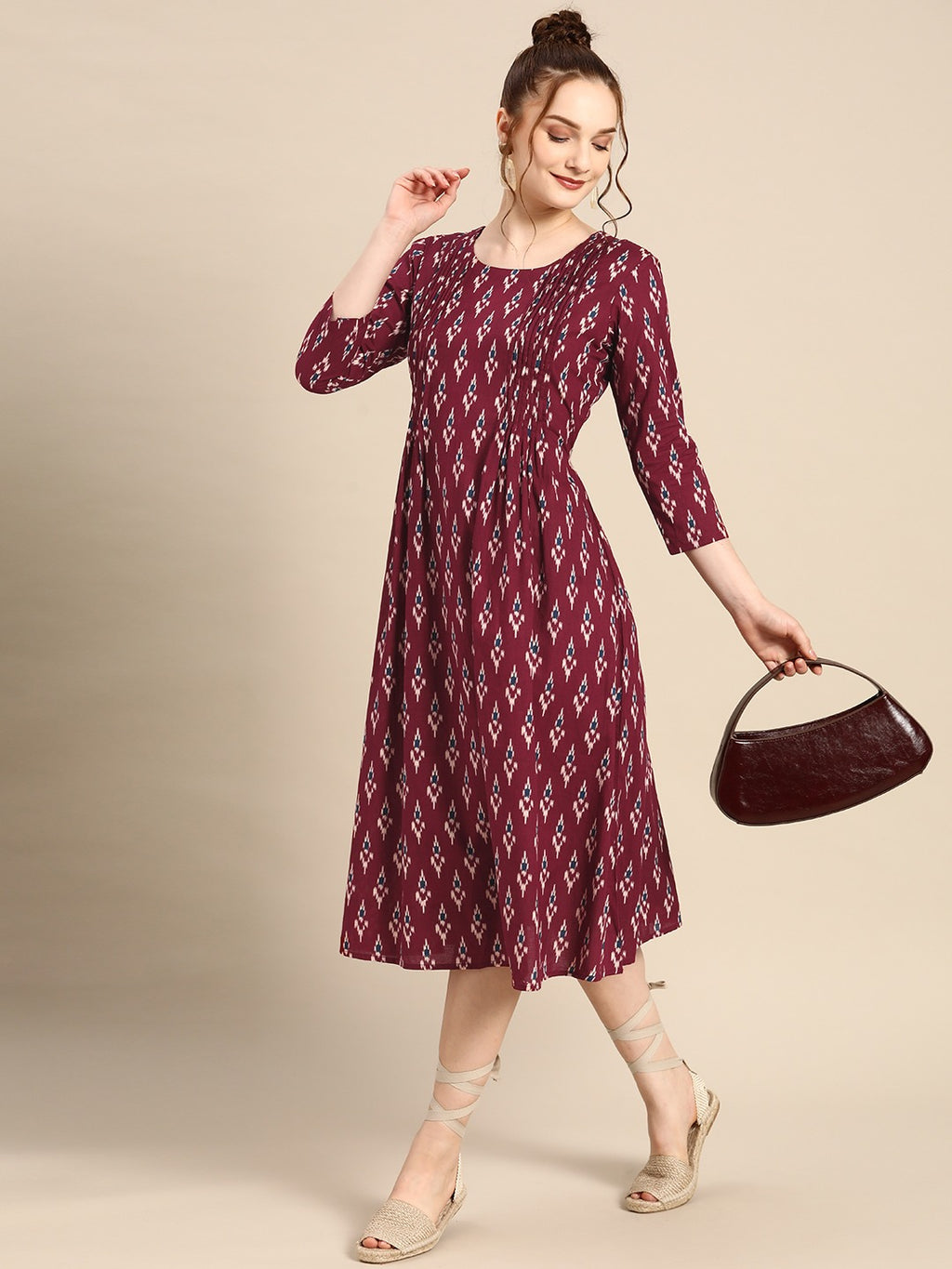 front tucks with flare midi dress in Burgundy Print