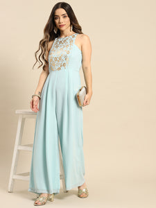 In cut pleated jumpsuit in Powder Blue