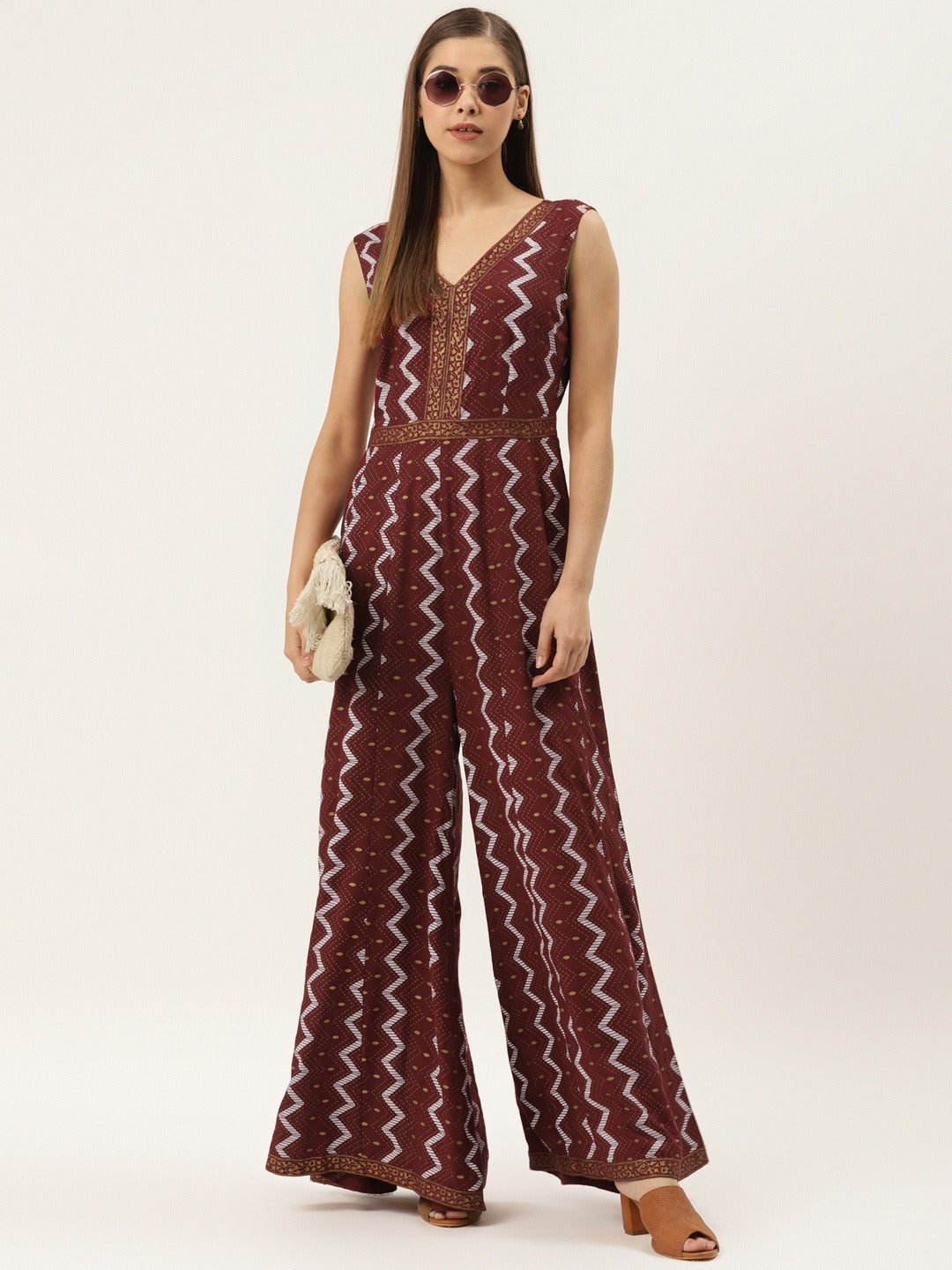 Front borders with kalidar pants printed jumpsuit in maroon