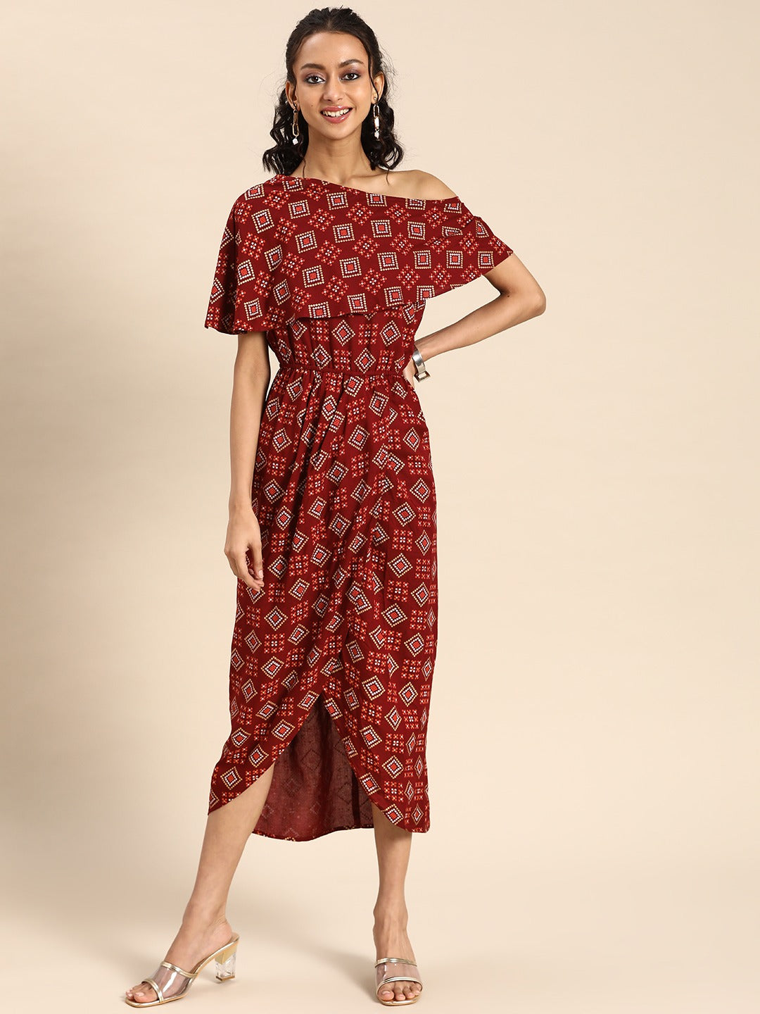 Cold shoulder Asymmetric overlap Dress in Maroon Print