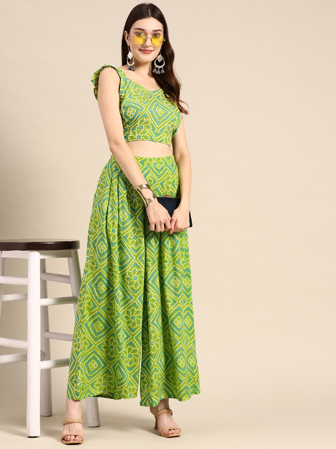 Crop top with back tie and plazzo pants in Lime Green
