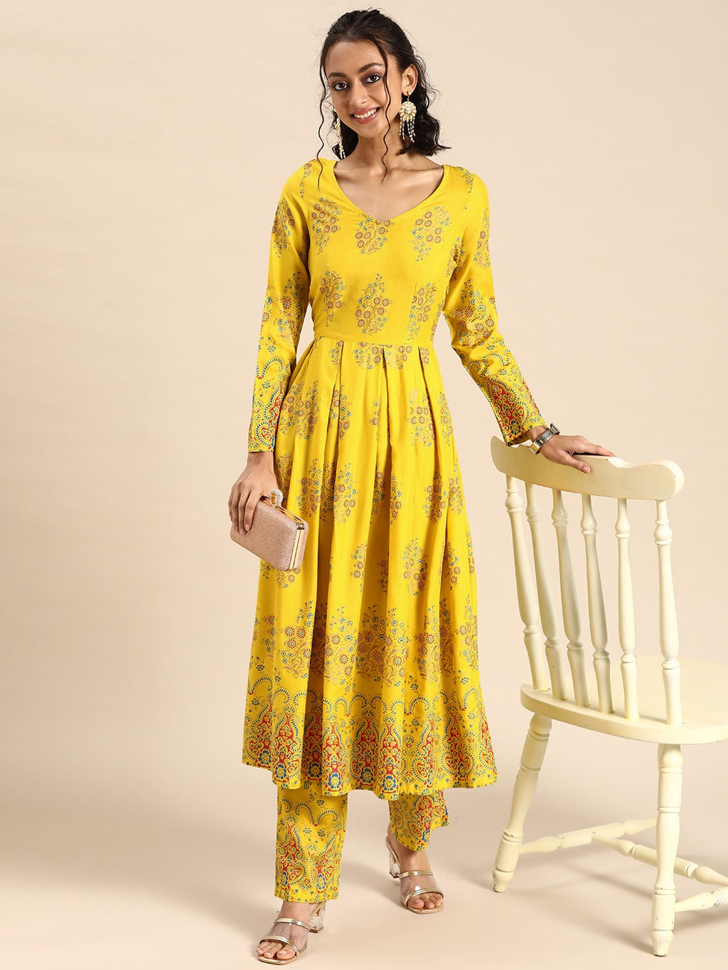 Box Pleated flare kurta with palazzo in Yellow