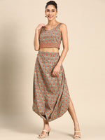 Cowl skirt with crop Top in Grey Print