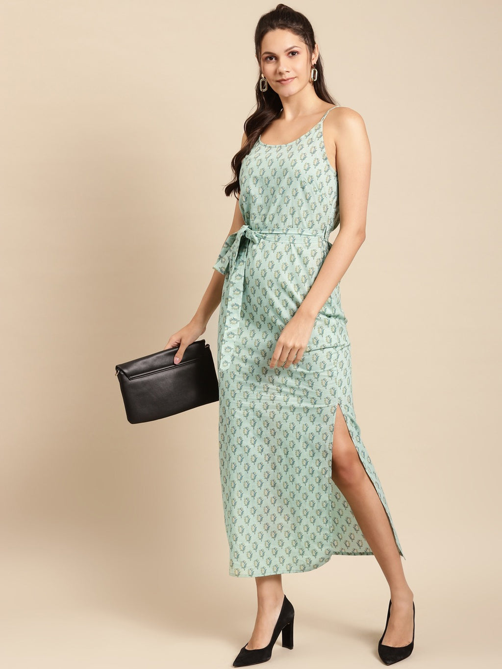 Speghetti Strap long maxi dress with waist tie in Mint Blue Print