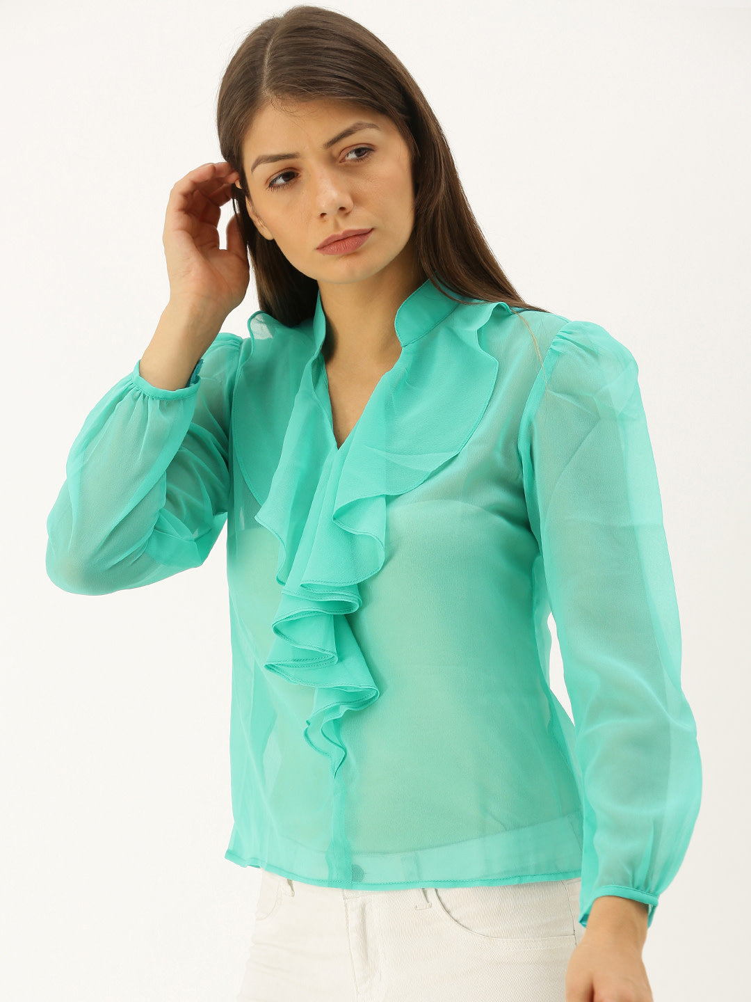 Frill neck Blouse in Mint Blue