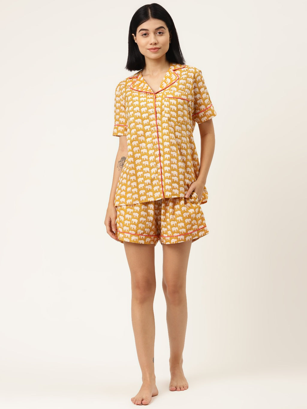 Shirt and Shorts Set in yellow elephant print