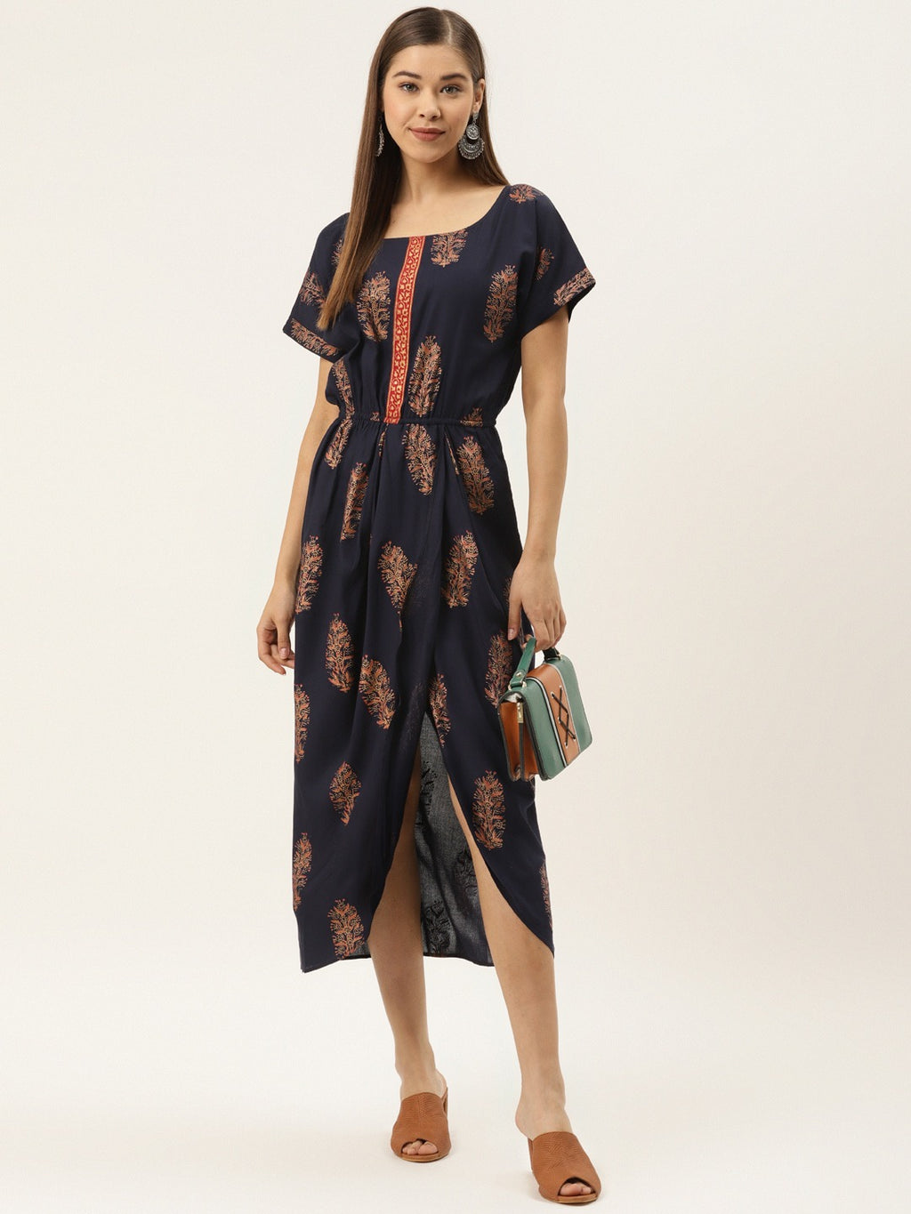 Gold Block Print Front Pleated side cowl dress in Navy