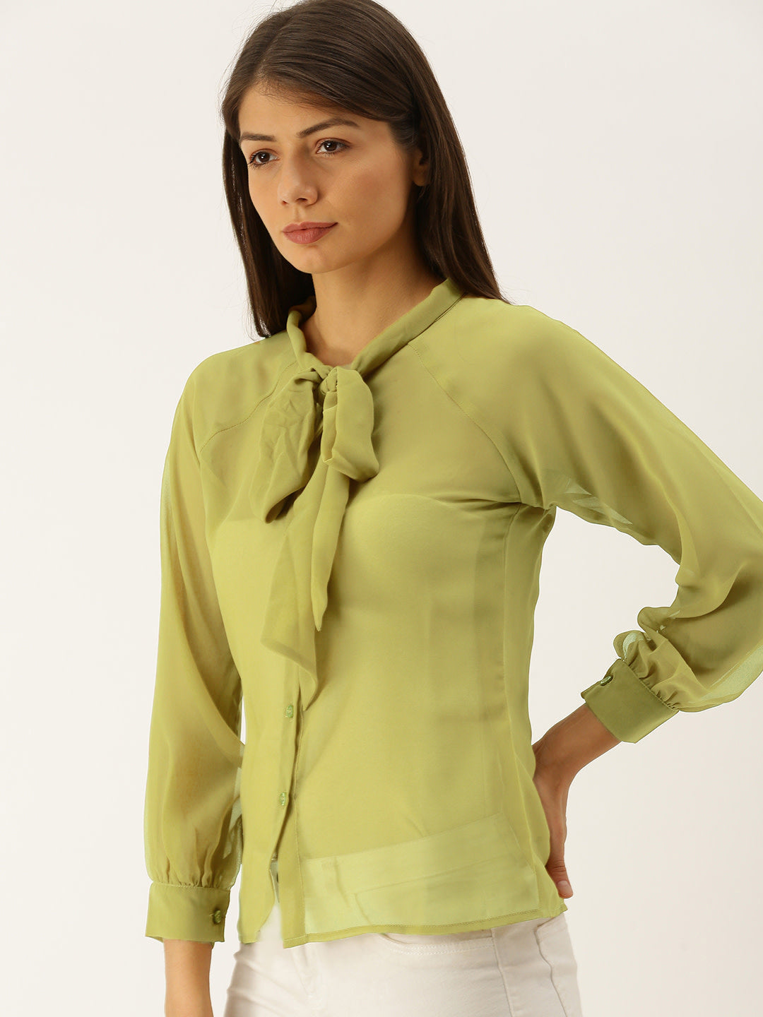 Tie up collar shirt blouse in Olive Green