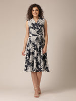 Collar with waist tie midi Dress in Navy