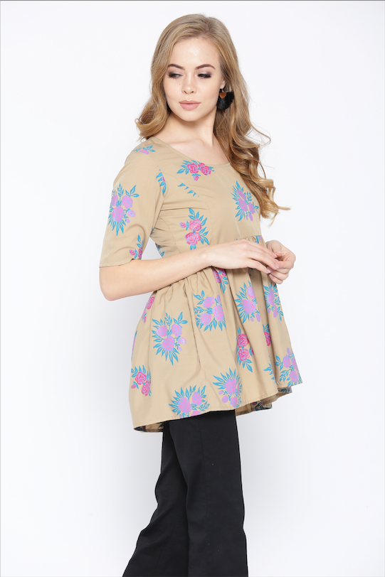 Floral printed top with flare in Beige