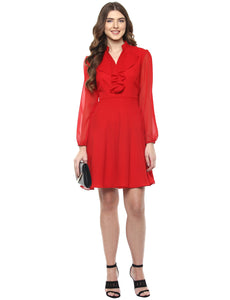 Frill collar Flare Dress in Red