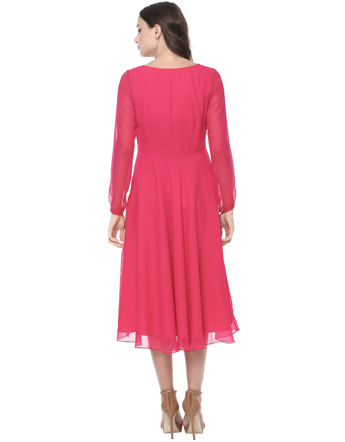 Front Gathered Midi Skater Dress in Pink