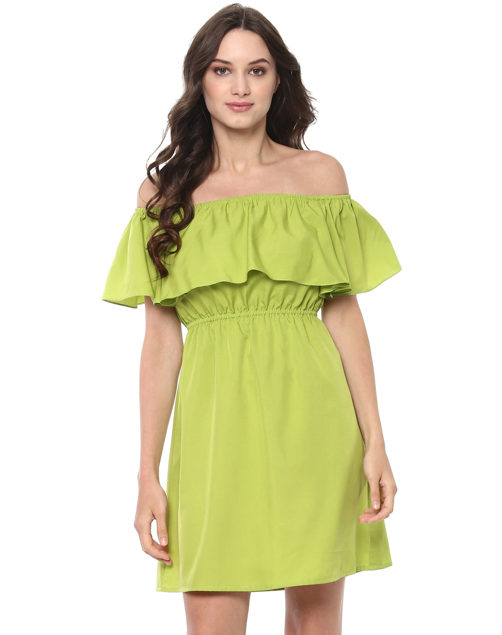 Off shoulder frill mini dress in Lime Green