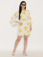Bell Sleeve Block printed Dress in Off White