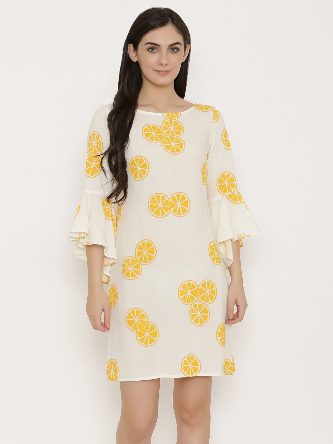 Bell Sleeve Block printed Dress in Off White