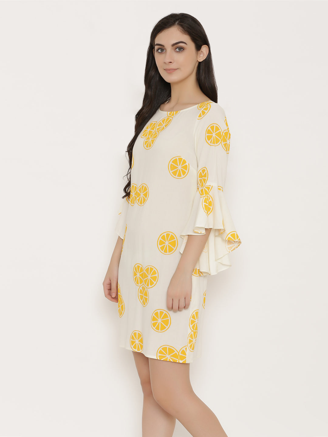 Bell Sleeve Block printed Dress in Off White