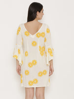 Bell Sleeve Block printed Dress in Off White