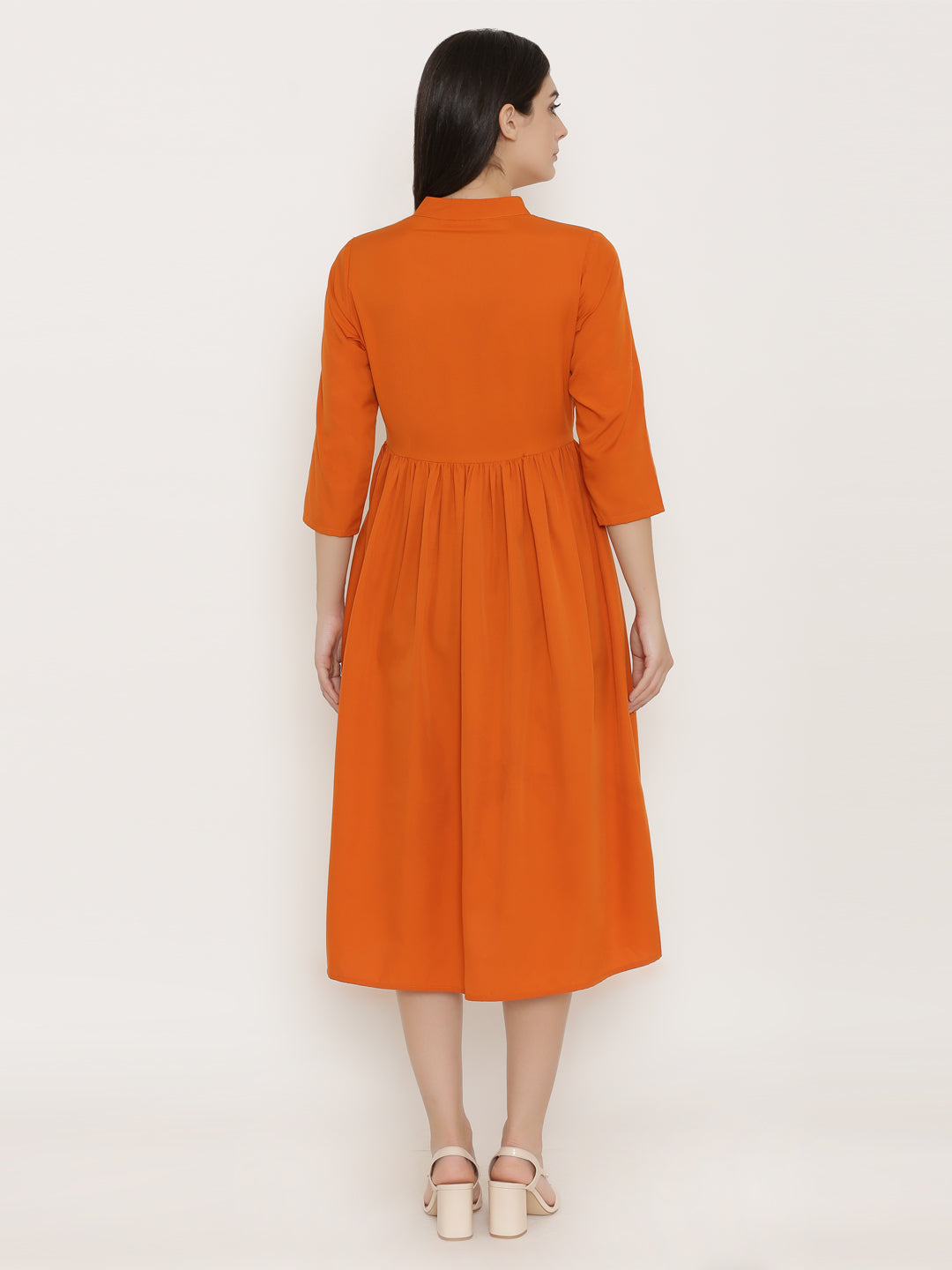 Midi dress with printed mock waistcoat in Rust