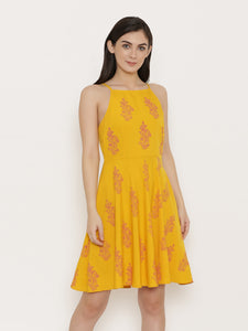 Backless with string design printed skater dress in Mustard