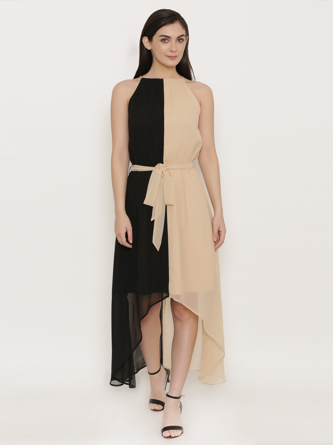 Half Color blocked maxi high low dress in Black