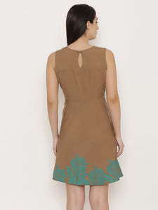 Front cut out skater dress with printed Hem in Mocha Color