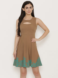 Front cut out skater dress with printed Hem in Mocha Color