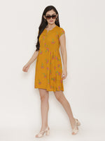 Short Block printed dress with front placket and side gathers in Mustard