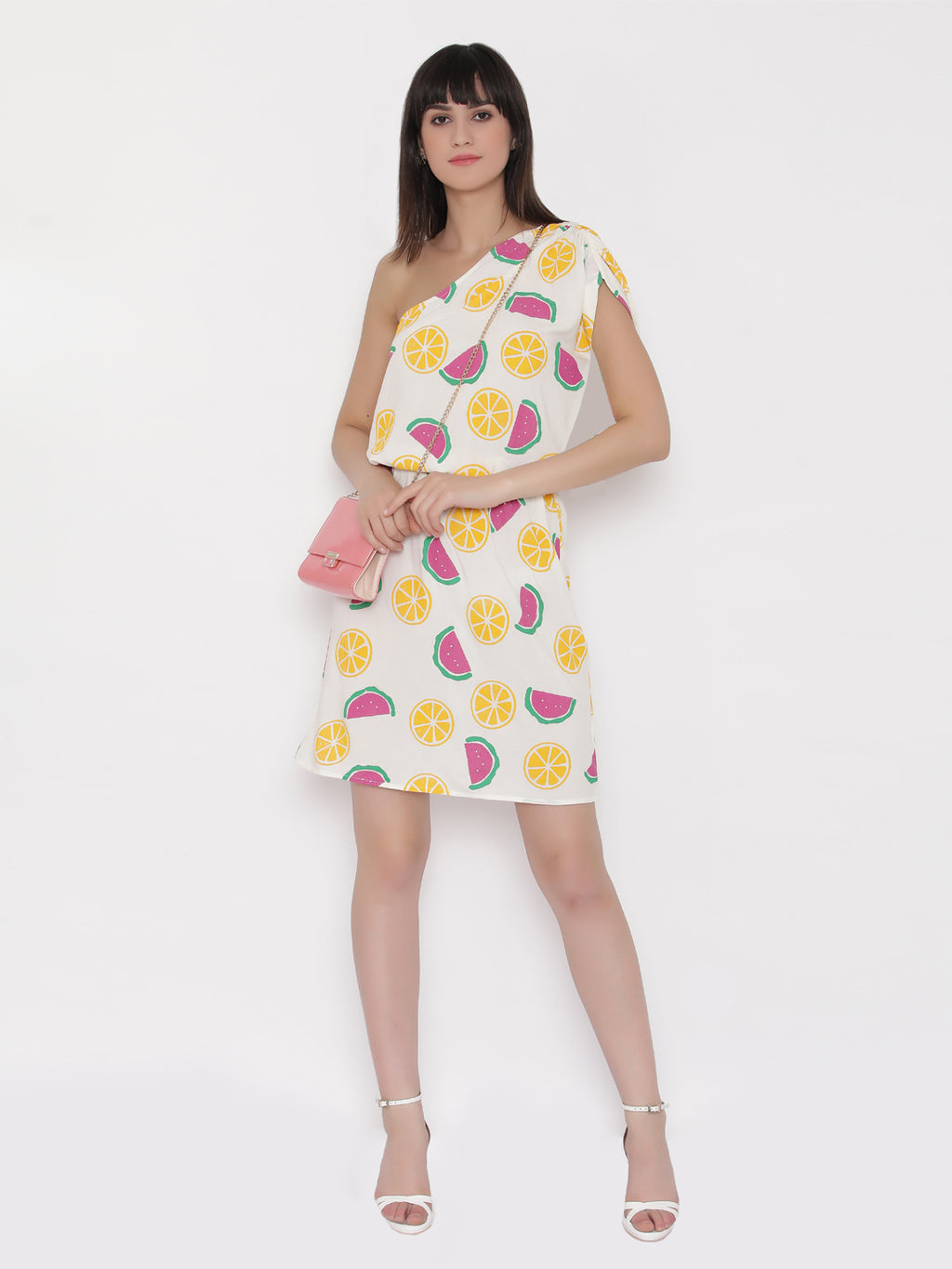 One shoulder Fruit Printed Dress with blouson waist in Off white